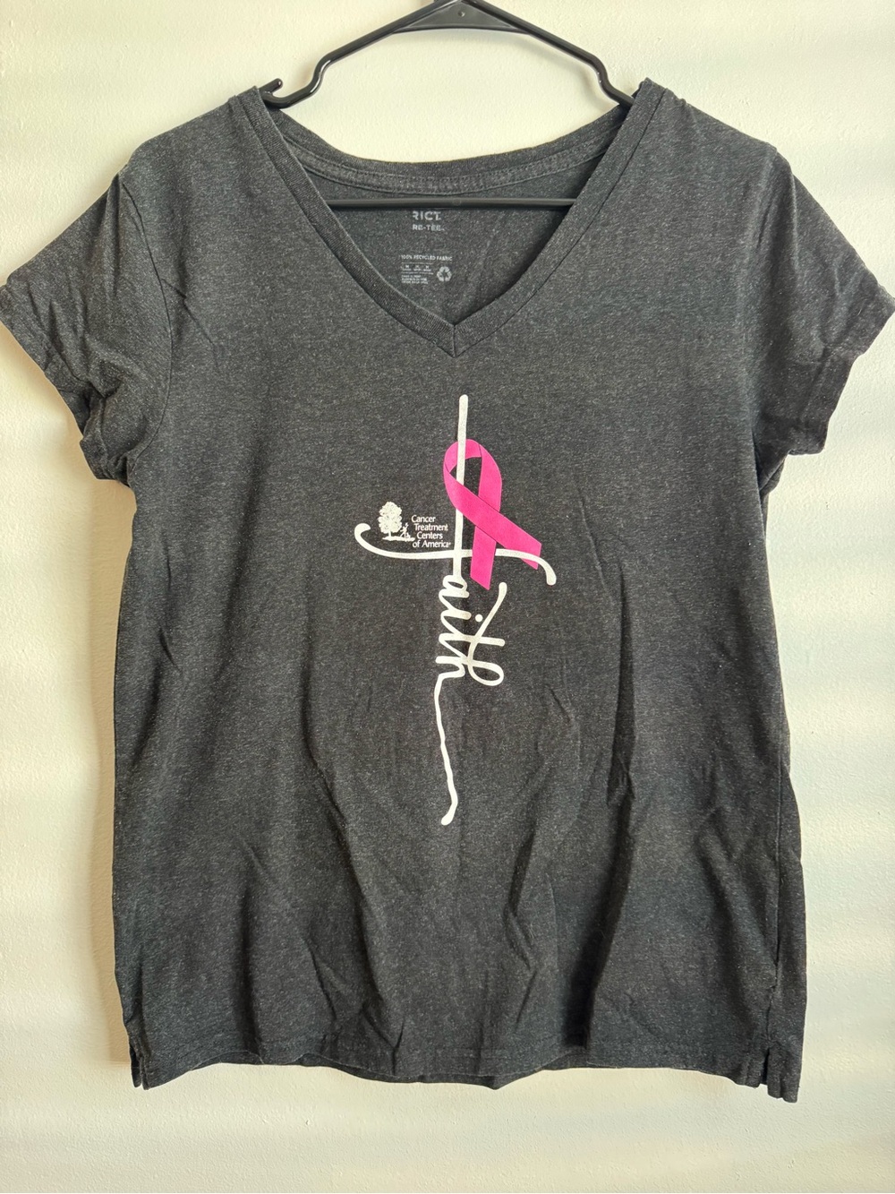 Women’s Dark Gray V-Neck Faith Ribbon Tee with Pink Awareness Ribbon